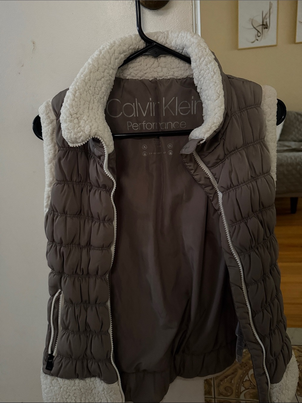 Calvin Klein Quilted Sherpa-Lined Vest in Taupe and Cream
